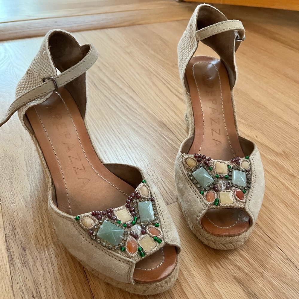 Apepazza Wedge Sandals stones & beads Boho Style